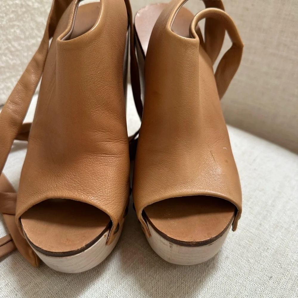Chloe Tan Leather Ankle-Tie Platform Wedges